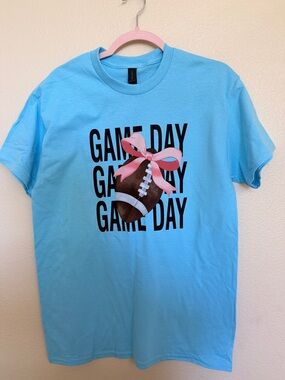 Gildan Light Blue Tee with Pink Bow Football Graphic